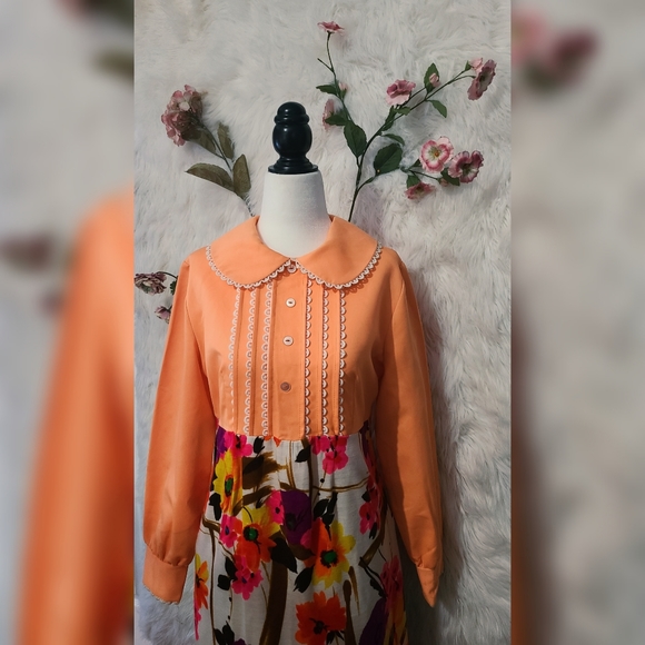 Yes Honey ? - 1970s Floral and Coral Peter Pan Collared Maxi Dress - Picture 2 of 6